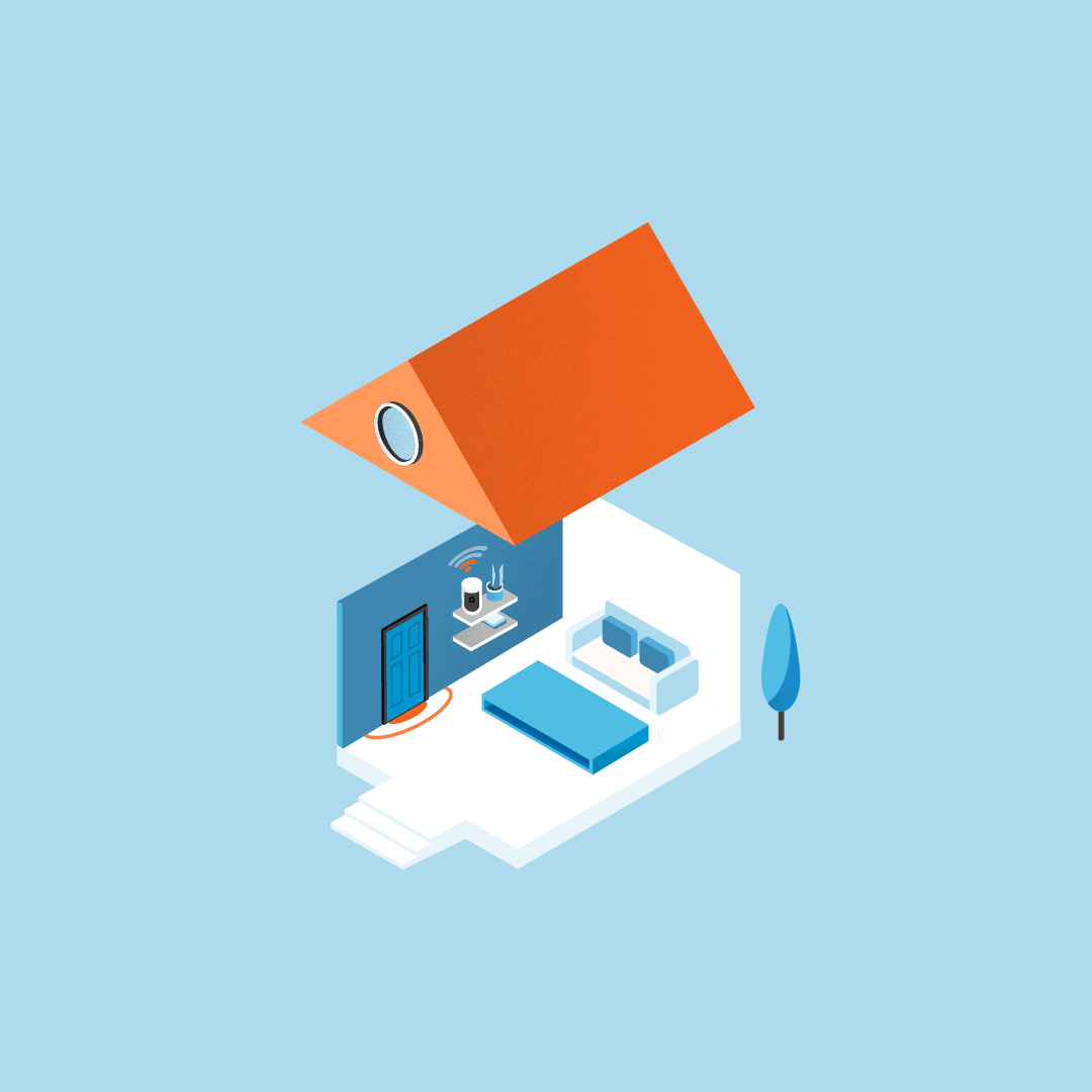 Isometric smart home room with bed, door, and devices to indicate what causes wifi noise. 
