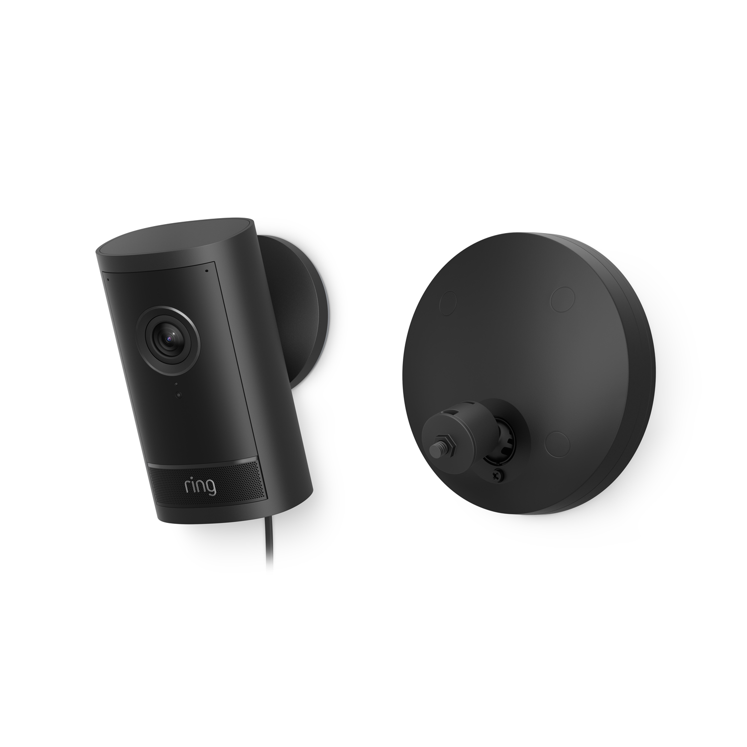 Outdoor Cam Pro (Featuring Retinal 4K) - Wired:A view of Outdoor Cam Pro next to its hardwired mount in black.