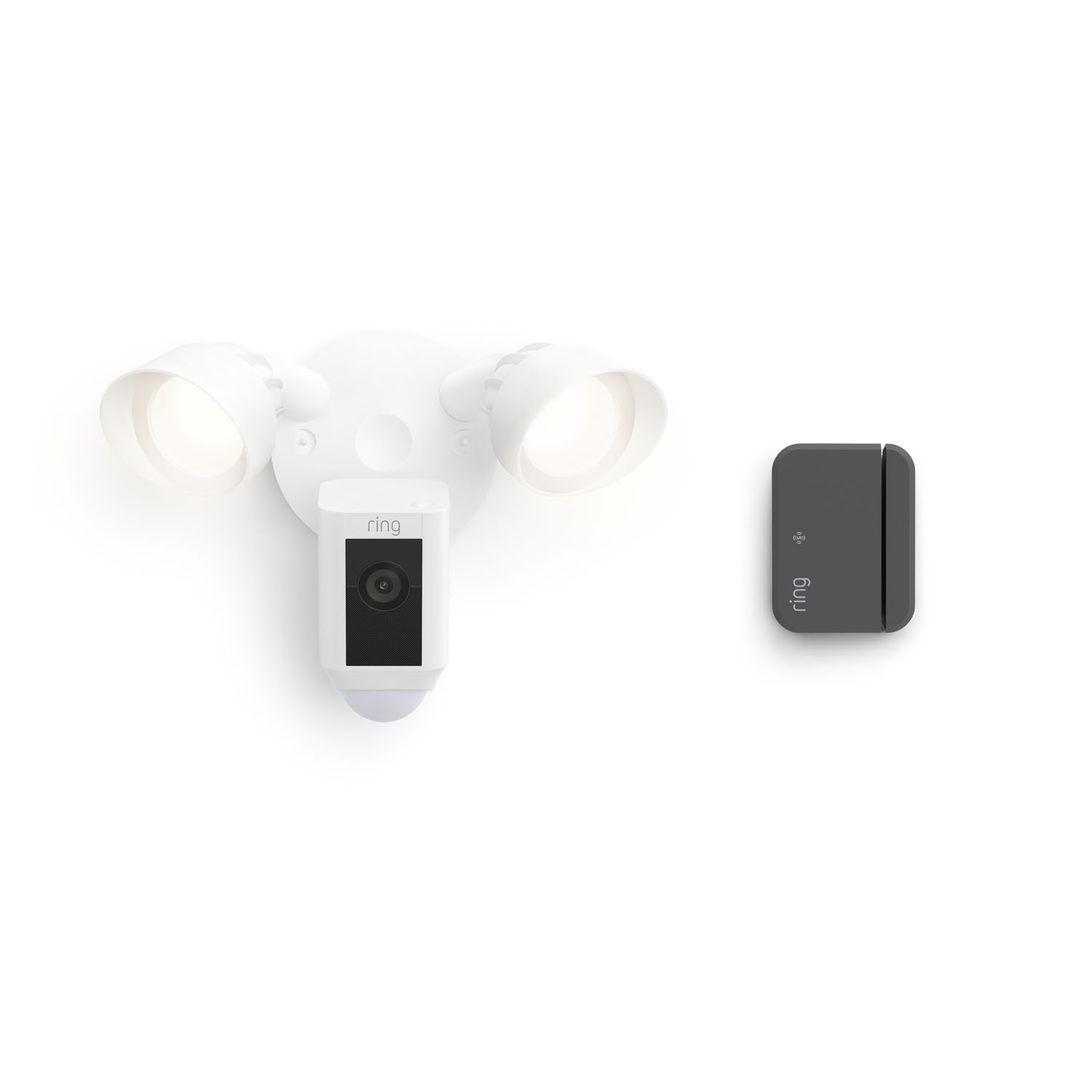 Floodlight Cam Plus, Wired + Outside Door Sensor (Newest Model) - White Ring security floodlight camera with dual lights and a separate black, rectangular outside door sensor against white background.