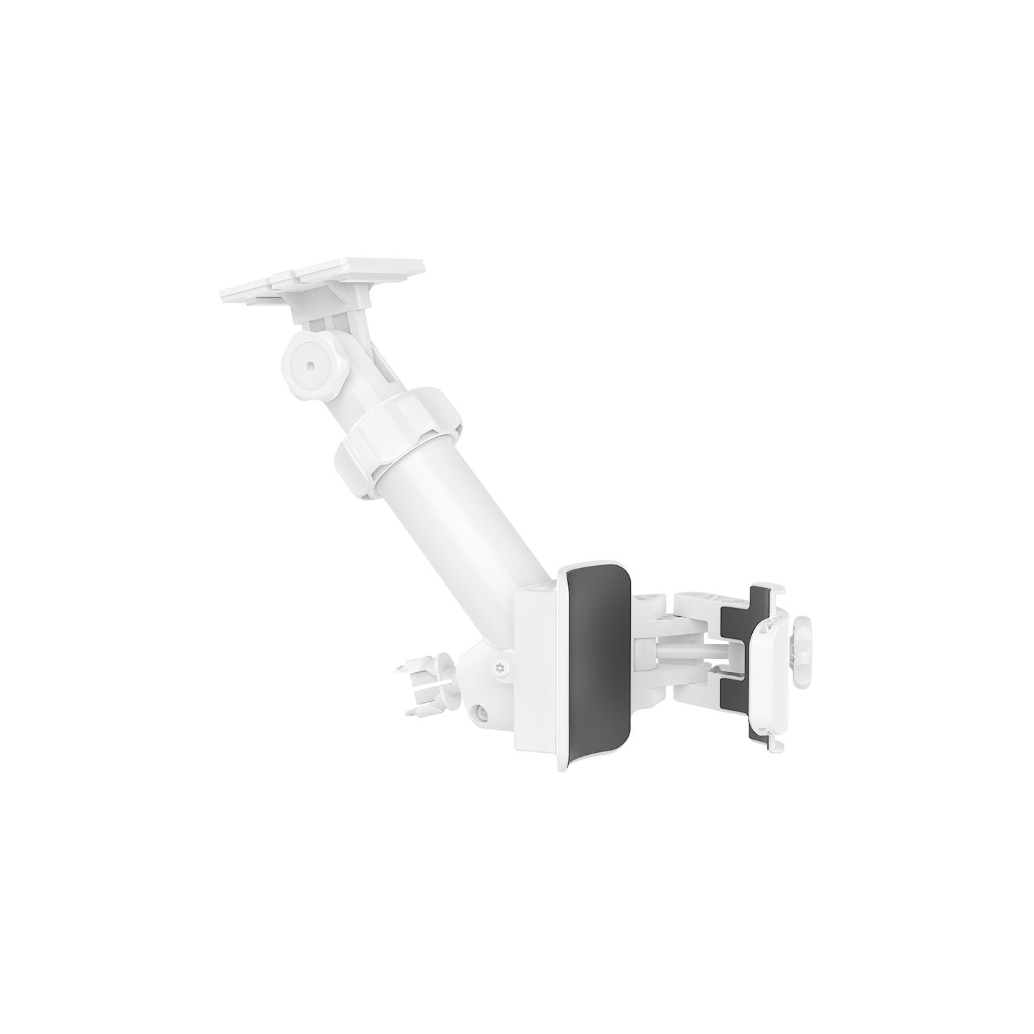 Pole Mount for Solar Panels and Cams - Adjustable White Ring Pole Mount for Solar Panels and Cams shown with black grips, designed to hold a camera and solar panel.