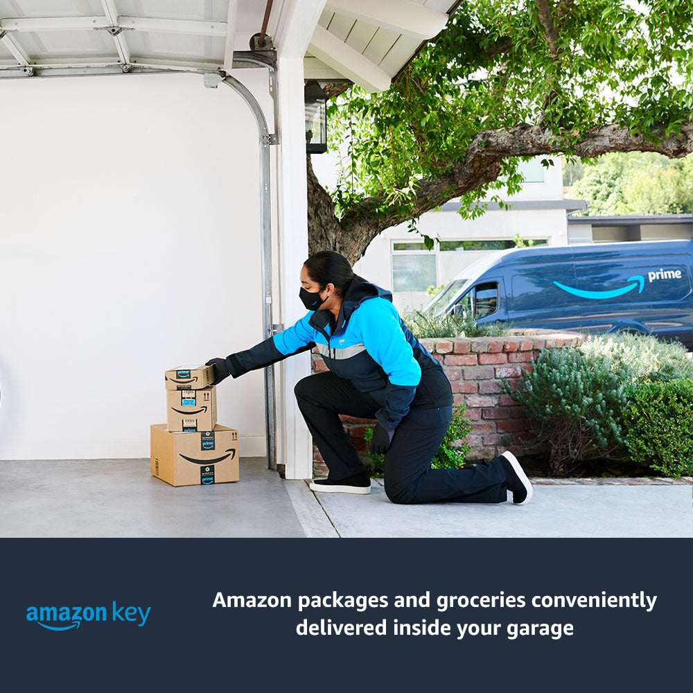 Chamberlain® Smart Garage® Control (for Works with Ring) - Amazon driver places packages inside an open garage. Bottom text promotes Amazon Key in-garage delivery service.