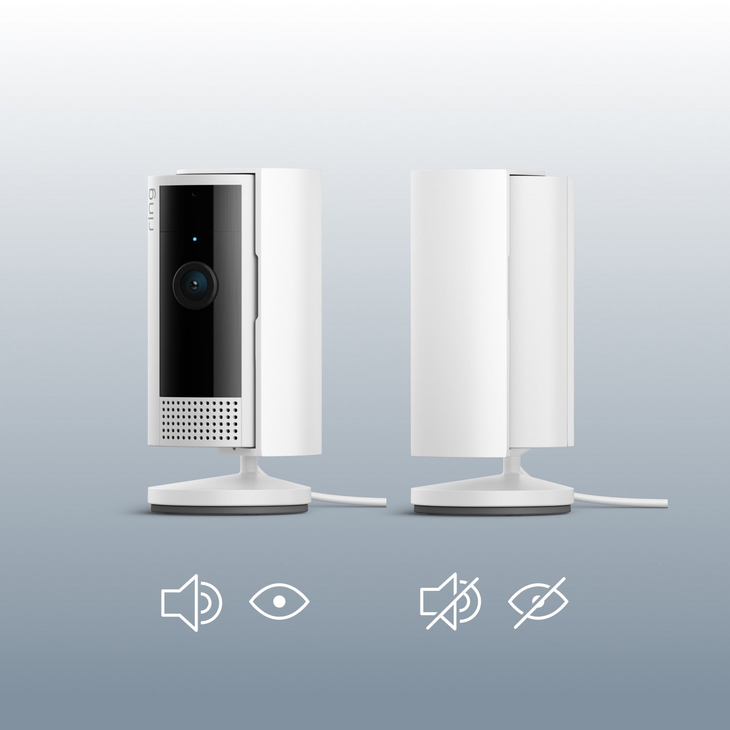 Indoor Cam, 2nd Gen (Certified Refurbished) - White Ring Indoor Cam 2nd Gen Plug-In, with privacy cover open and closed. Icons indicate audio and video on or off.
