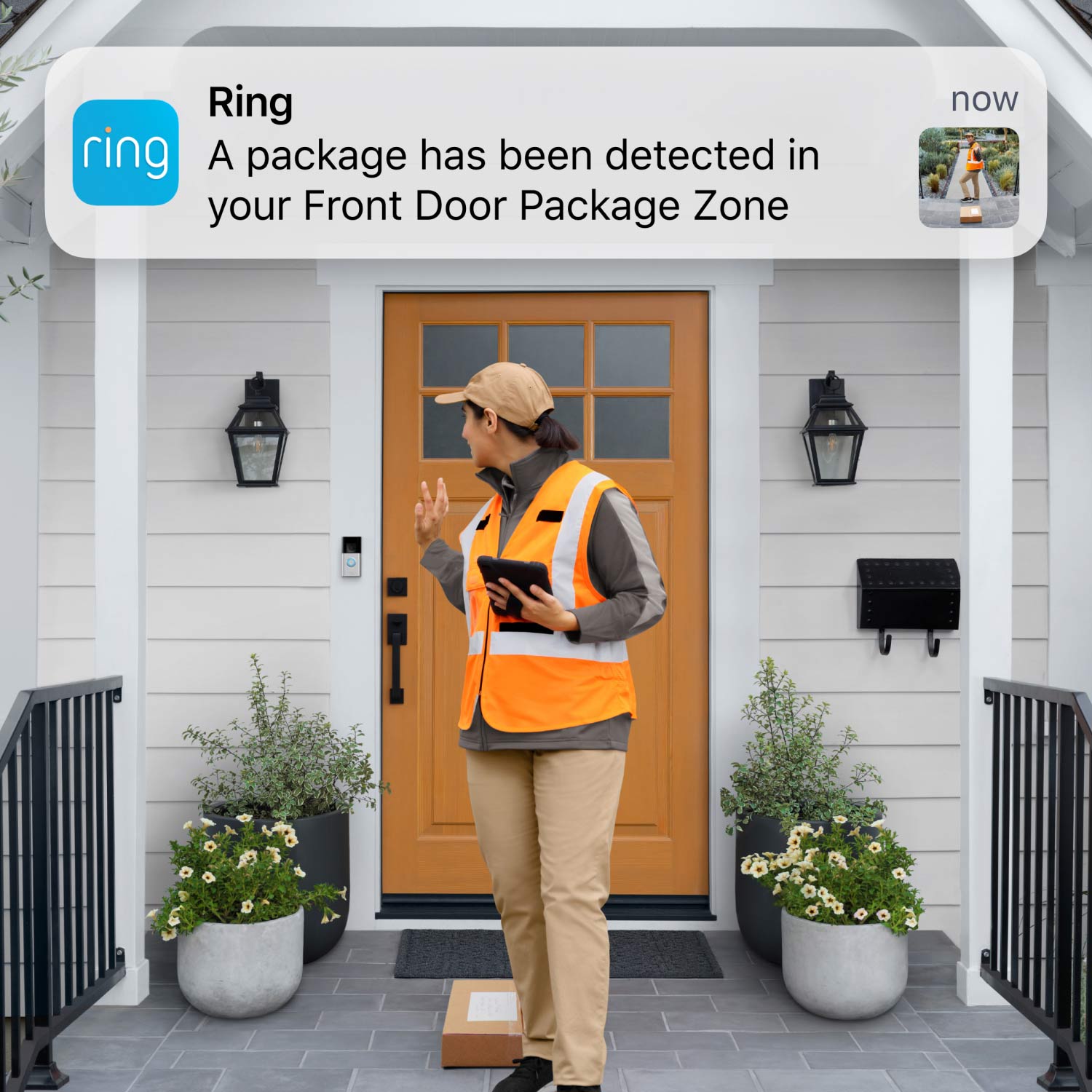 Wired Doorbell Pro - Person waving at a doorbell camera after delivering a package. Ring push-notification reads 