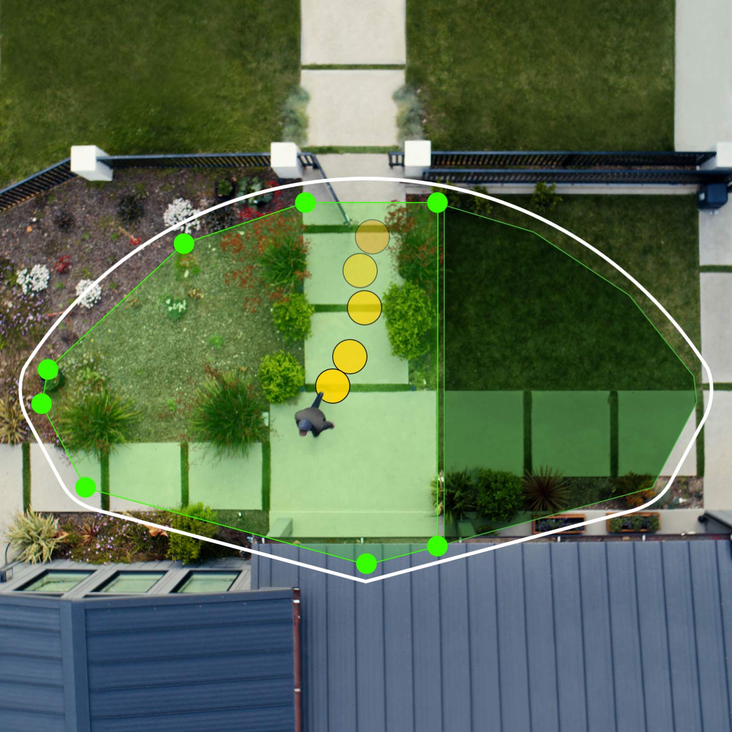 Wired Doorbell Pro (Video Doorbell Pro 2) (Certified Refurbished) - Overhead view showing Ring 3D Motion Detection path and customizable motion zones on a front walkway and lawn.
