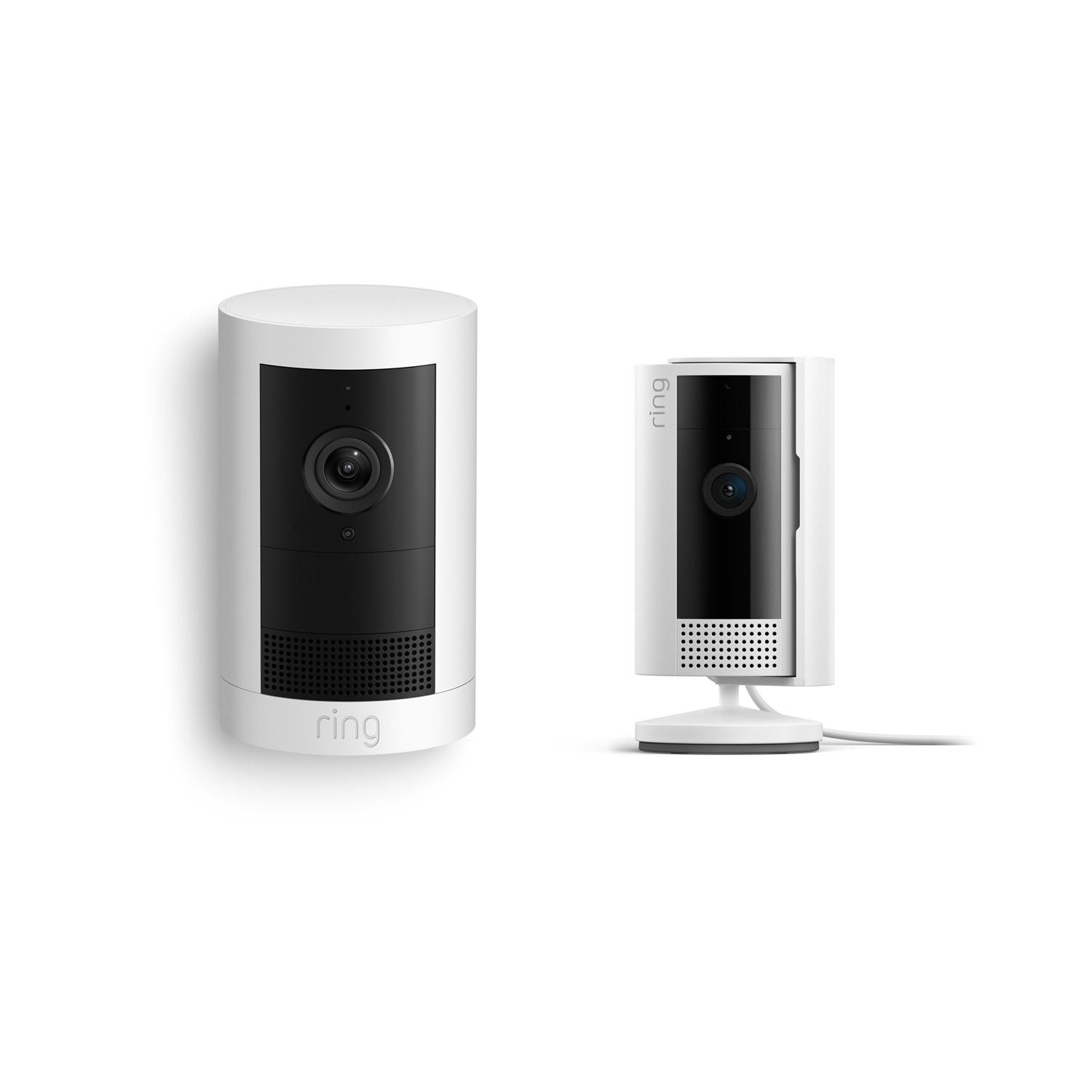 Restaurant Starter Kit (Outdoor Cam Plus Battery + Indoor Cam) - A white Ring Outdoor Cam Plus Battery and Indoor Cam on a white background.