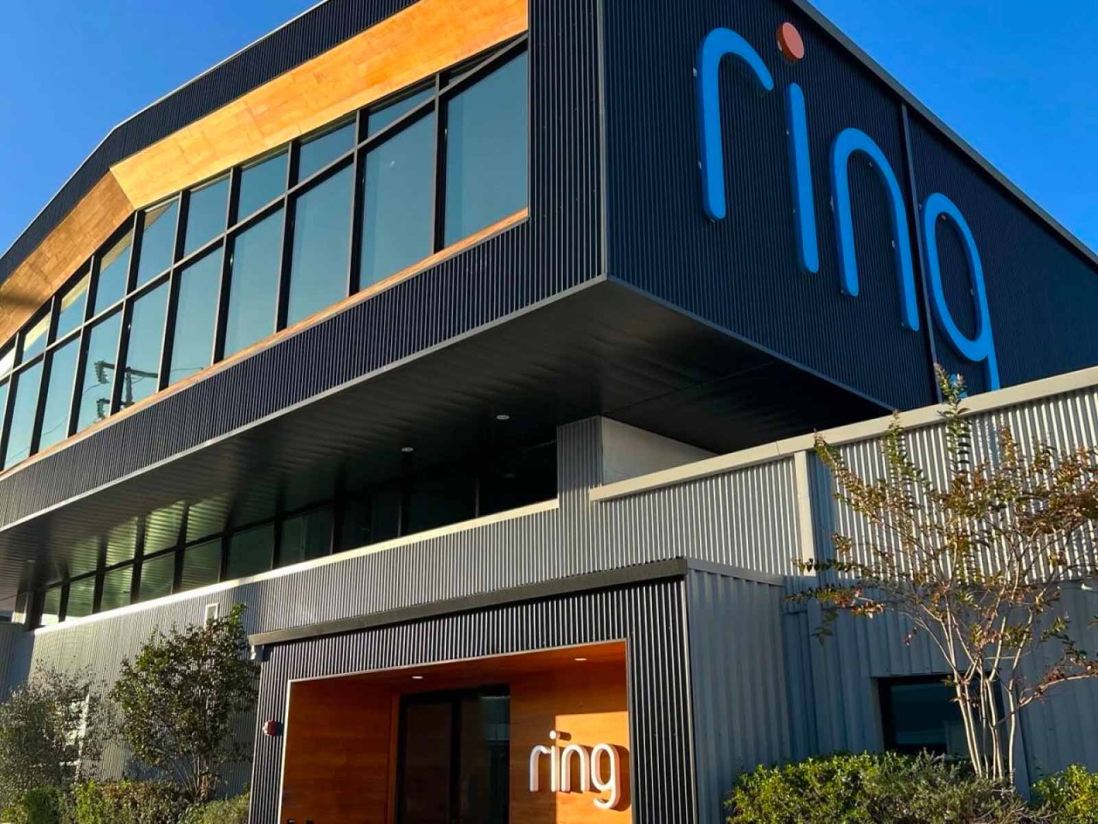 Exterior view of Ring headquarters building with large Ring logo on upper facade.