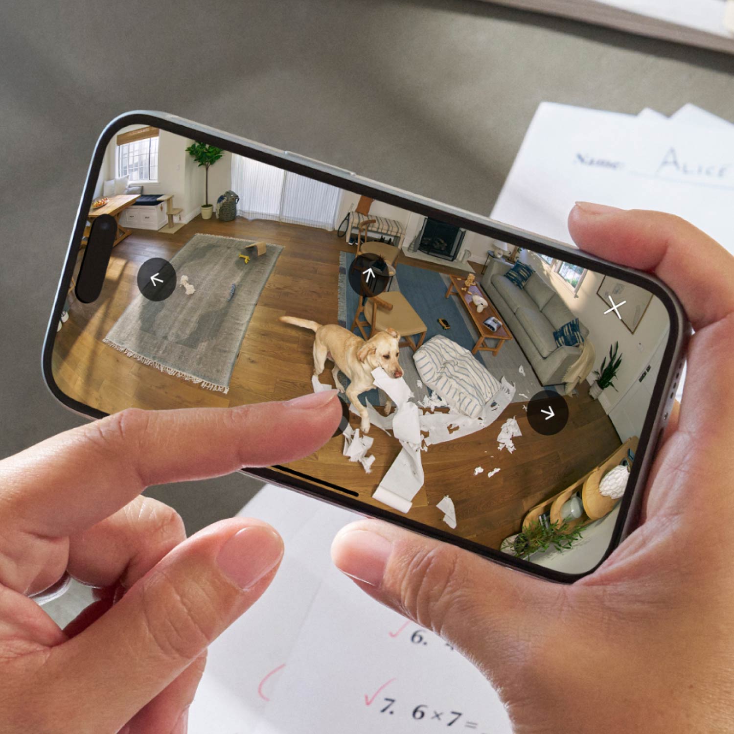 Pan-Tilt Indoor Cam + Spotlight Cam Plus Plug-In - White Ring Pan-Tilt Indoor Cam, highlighting 360-degree pan coverage, live view, and two-way talk to monitor pets.