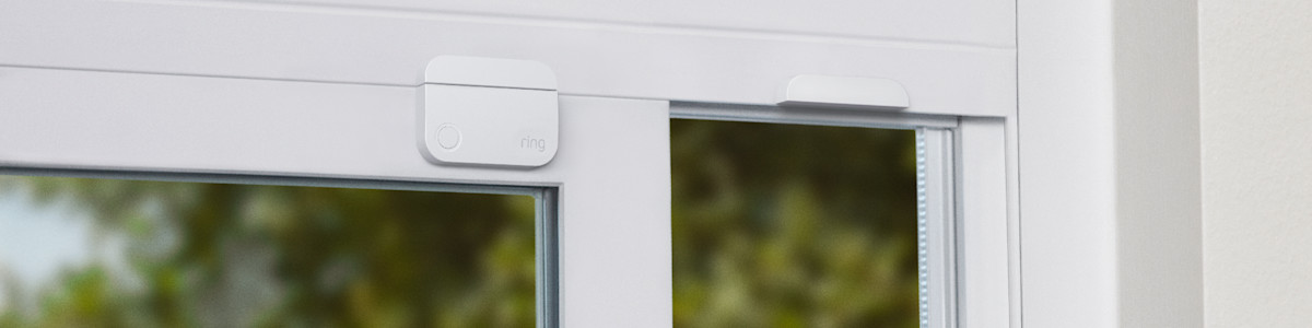 A white Ring Contact Sensor mounted on a door frame