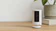 Ring security camera on wooden desk with potted plant in background